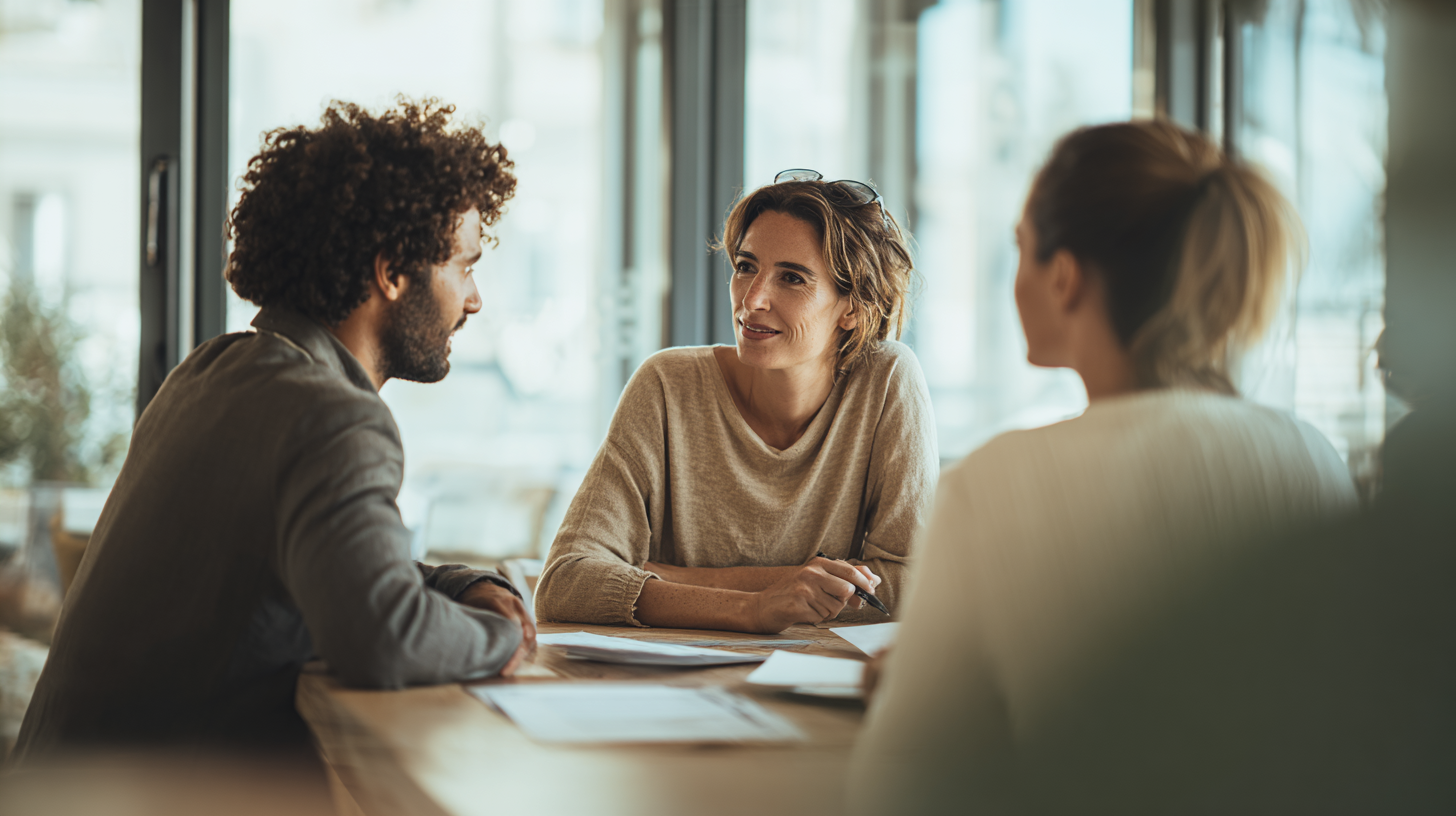 Couple reviewing mortgage documents with lender